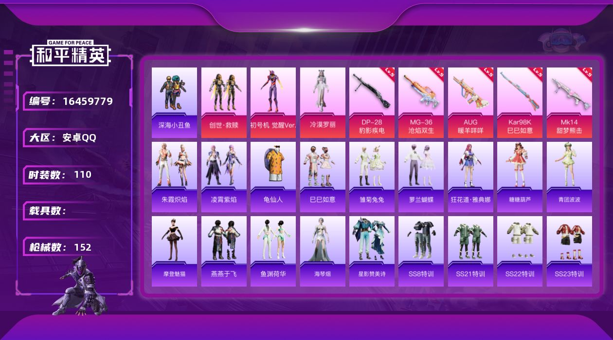 和平精英账号安卓QQ[16459779]【特价出售/店主推荐】安卓，手Q-3粉装-5特效枪-0载具-1粉色飞行器-41601热力值-11王牌印记-110套装-152枪皮【热门品类】：套装-深海小丑鱼，套装-龟仙人【粉色套