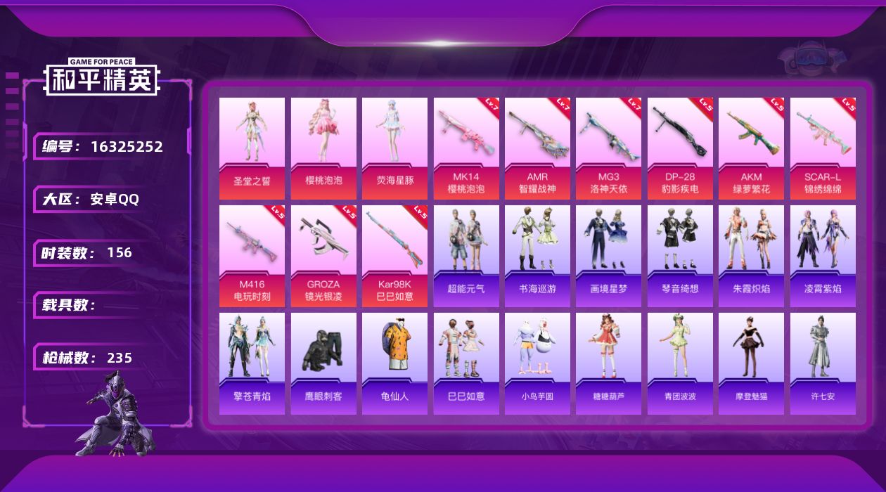 和平精英账号安卓QQ[16325252]【特价出售/店主推荐】安卓 手Q-3粉装-9特效枪-0载具-1粉色飞行器-65080热力值-9王牌印记-156套装-235枪皮【热门品类】：套装-龟仙人【粉色套装】：角色-圣堂之誓