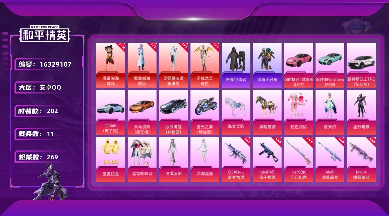 和平精英账号安卓QQ[16329107]【特价出售/店主推荐】安卓 手Q-4神装-7粉装-18特效枪-11载具-11粉色飞行器-104704热力值-14王牌印记-202套装-269枪皮【红色神装等级】：魔童闹海-敖丙(一
