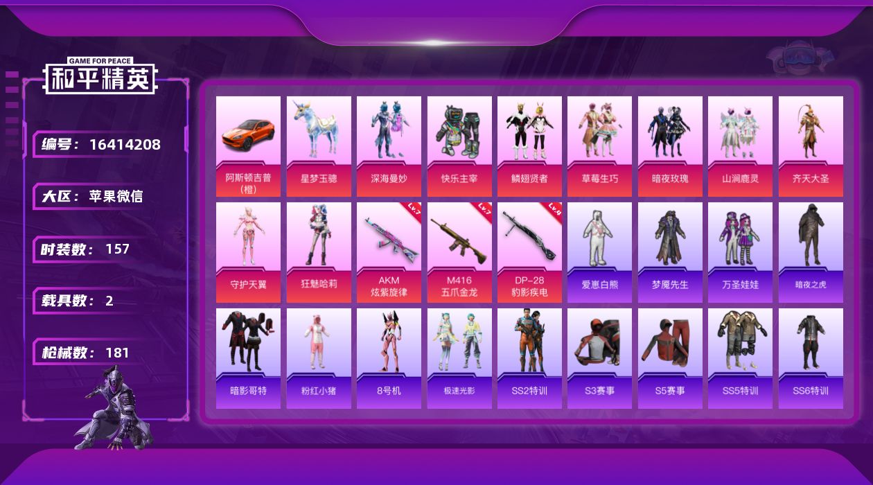和平精英账号苹果微信[16414208]【特价出售/店主推荐】苹果 微信-9粉装-3特效枪-2载具-4粉色飞行器-6.5w热力值-10王牌印记-157套装-181枪皮
【热门品类】：套装-SS1特训，套装-暗夜之虎，套装