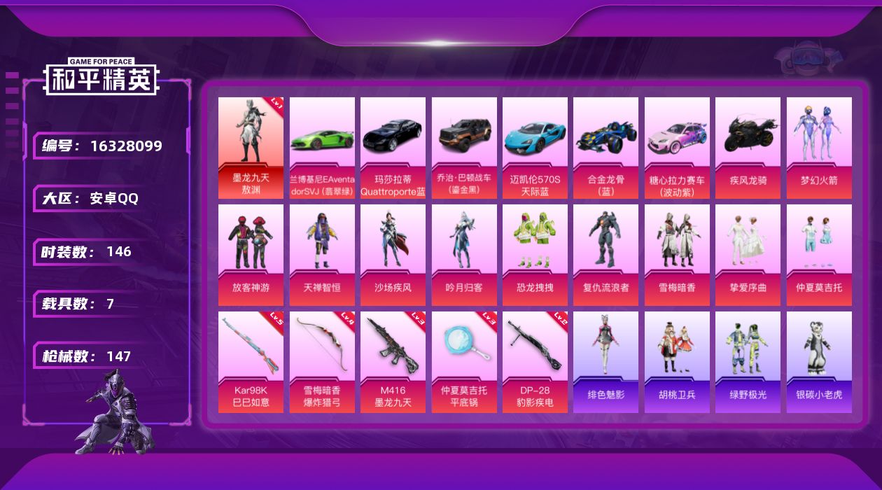 和平精英账号安卓QQ[16328099]【特价出售/店主推荐】安卓 手Q-1神装-10粉装-5特效枪-7载具-3粉色飞行器-55705热力值-11王牌印记-146套装-147枪皮【红色神装等级】：墨龙九天-敖渊(一级)【