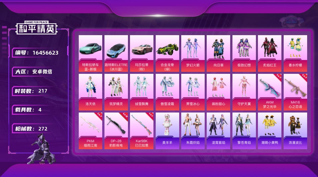 和平精英账号安卓微信[16456623]【店主推荐捡漏号！可直接换绑】安卓 微信-无敌战神框-12粉装-5特效枪-4载具-1粉色飞行器-102629热力值-28王牌印记-217套装-272枪皮【热门品类】：粉装-梦幻火箭