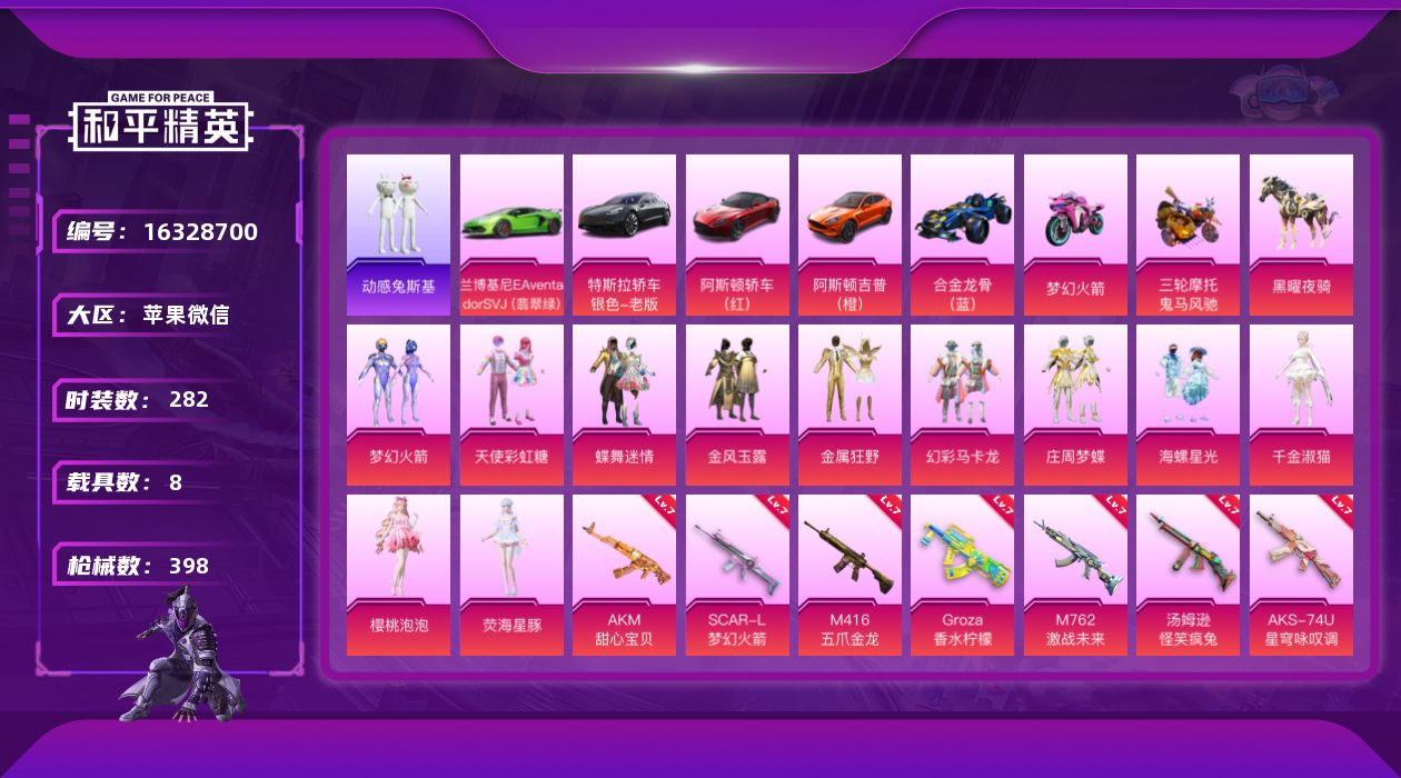 和平精英账号苹果微信[16328700]【特价出售/店主推荐】苹果 微信-11粉装-11特效枪-8载具-7粉色飞行器-142064热力值-32王牌印记-282套装-398枪皮【热门品类】：粉装-梦幻火箭，套装-动感兔斯基