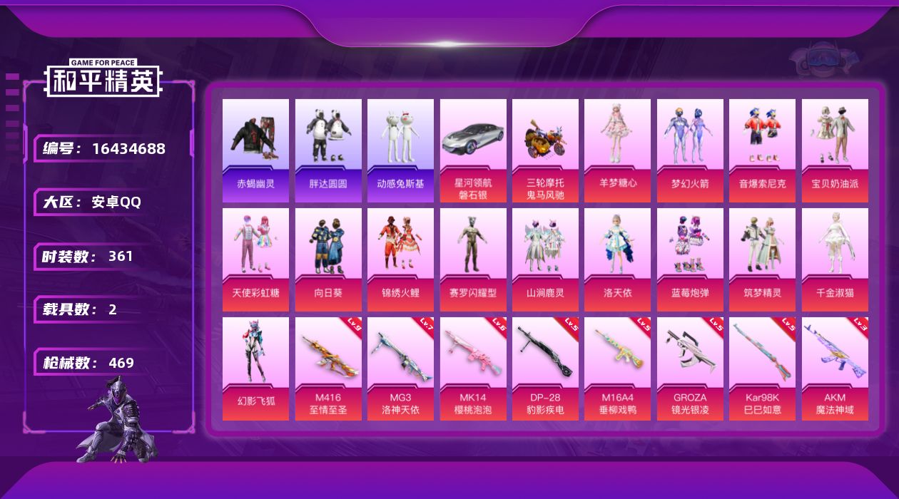 和平精英账号安卓QQ[16434688]【特价出售/店主推荐】安卓 手Q-14粉装-9特效枪-2载具-11粉色飞行器-166744热力值-22王牌印记-361套装-469枪皮
【热门品类】：粉装-梦幻火箭，粉装-音爆索尼