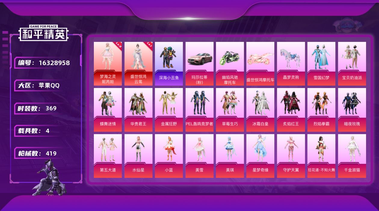 和平精英账号苹果QQ[16328958]【特价出售/店主推荐】苹果 手Q-2神装-24粉装-12特效枪-4载具-18粉色飞行器-151475热力值-23王牌印记-369套装-419枪皮【红色神装等级】：盛世惊鸿-云鸾(一