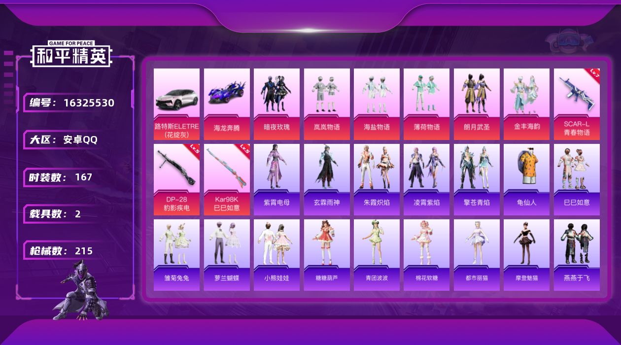 和平精英账号安卓QQ[16325530]【特价出售/店主推荐】安卓 手Q-6粉装-3特效枪-2载具-1粉色飞行器-69403热力值-3王牌印记-167套装-215枪皮【热门品类】：套装-龟仙人【粉色套装】：粉装-暗夜玫瑰