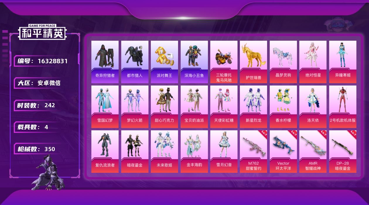 和平精英账号安卓微信[16328831]【特价出售/店主推荐】安卓 微信-16粉装-14特效枪-4载具-7粉色飞行器-135795热力值-25王牌印记-242套装-350枪皮【热门品类】：粉装-雪国幻梦，粉装-梦幻火箭，