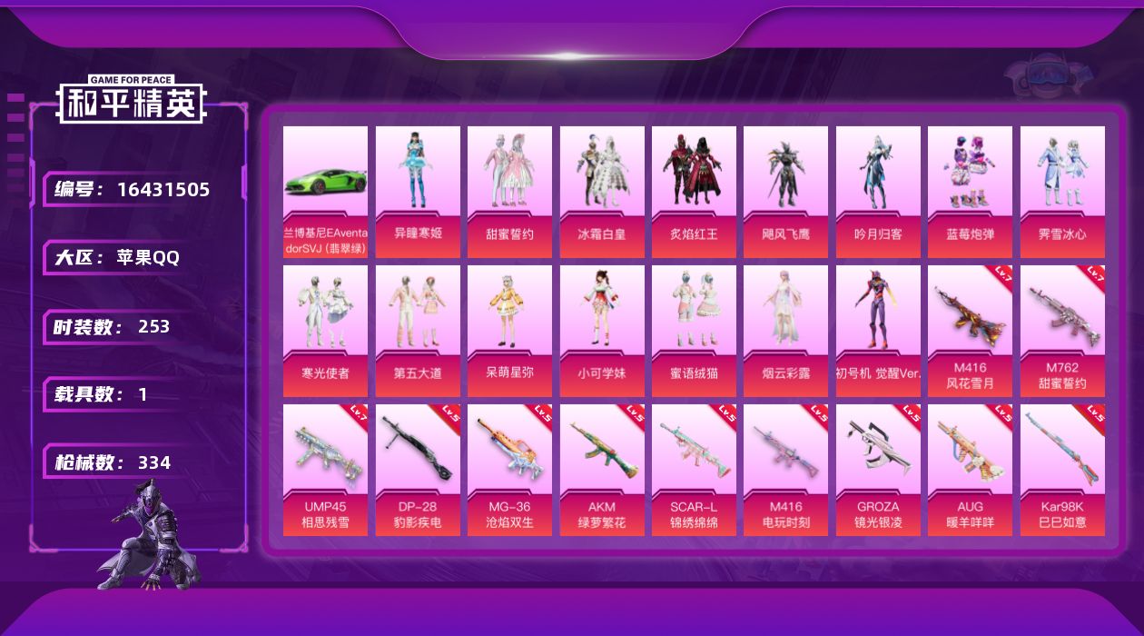 和平精英账号苹果QQ[16431505]苹果 手Q-16粉装-12特效枪-1载具-4粉色飞行器-114758热力值-21王牌印记-253套装-334枪皮
【热门品类】：套装-浪漫天命，套装-金羽特工，套装-六号树人，套装