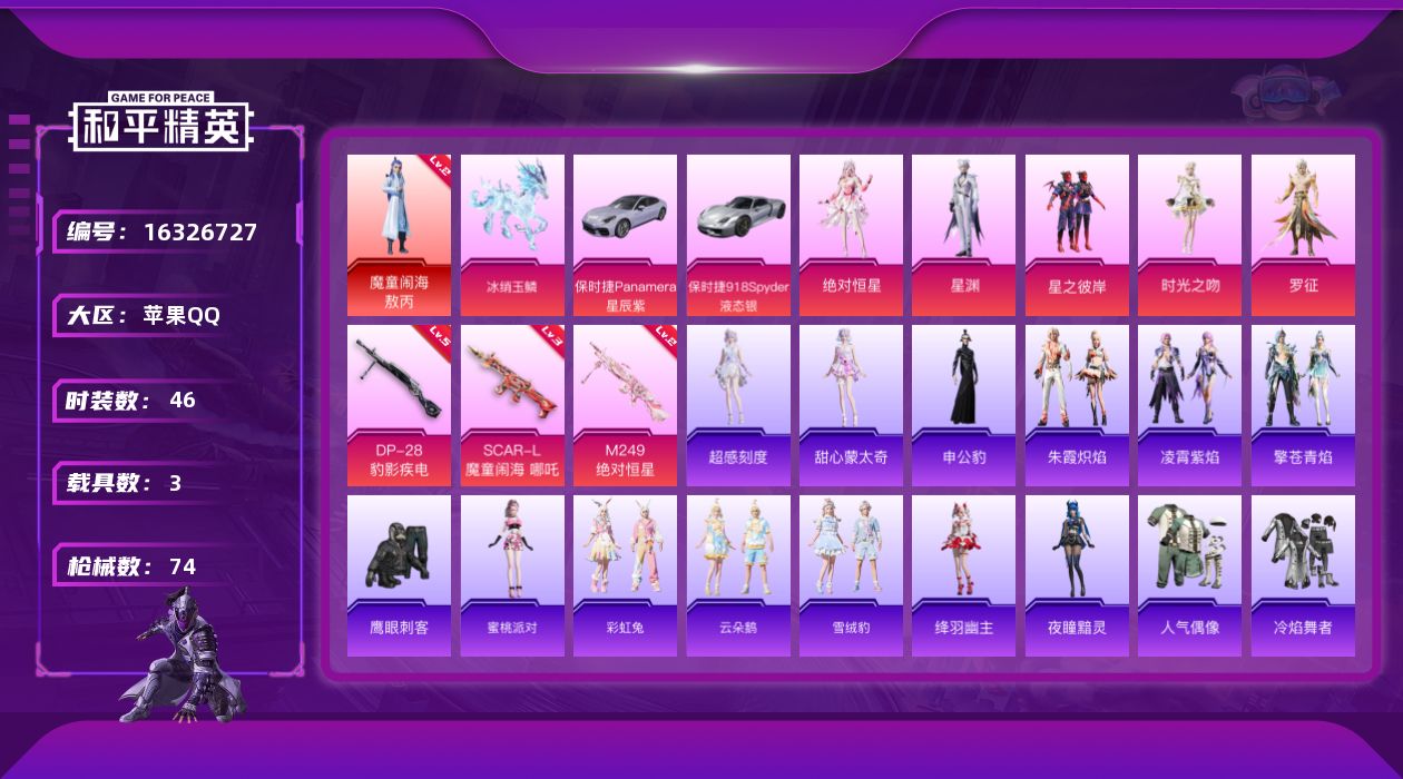 和平精英账号苹果QQ[16326727]【特价出售/店主推荐】苹果 手Q-1神装-5粉装-3特效枪-3载具-9粉色飞行器-30167热力值-3王牌印记-46套装-74枪皮【红色神装等级】：魔童闹海-敖丙(二级)【红色角色