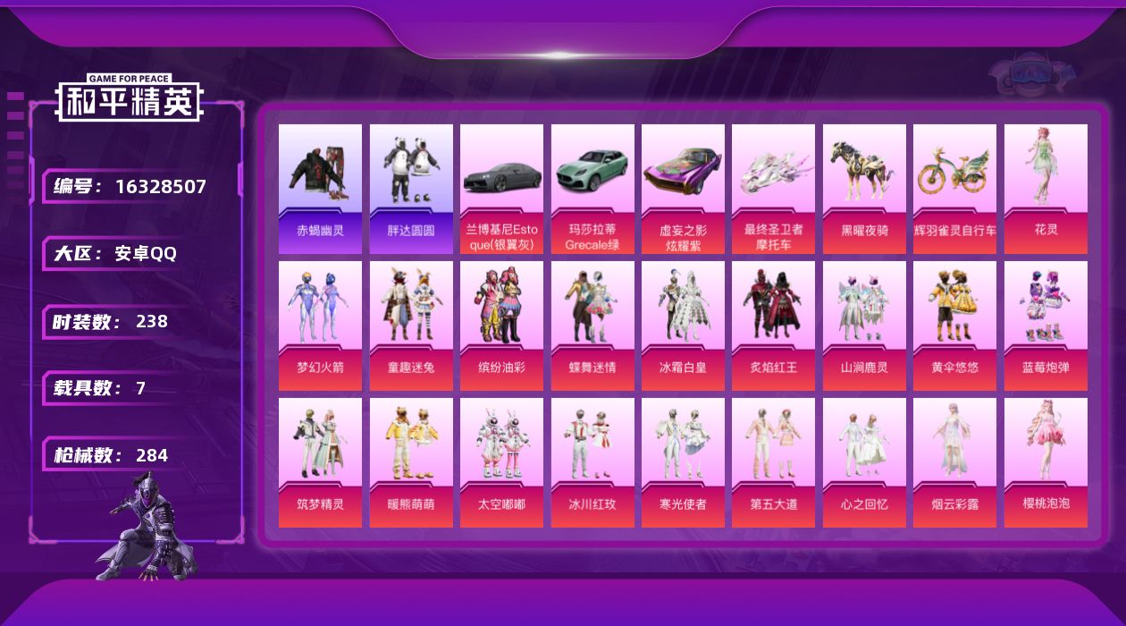 和平精英账号安卓QQ[16328507]【特价出售/店主推荐】安卓 手Q-29粉装-14特效枪-7载具-10粉色飞行器-115032热力值-20王牌印记-238套装-284枪皮【热门品类】：粉装-梦幻火箭，粉装-童趣迷兔