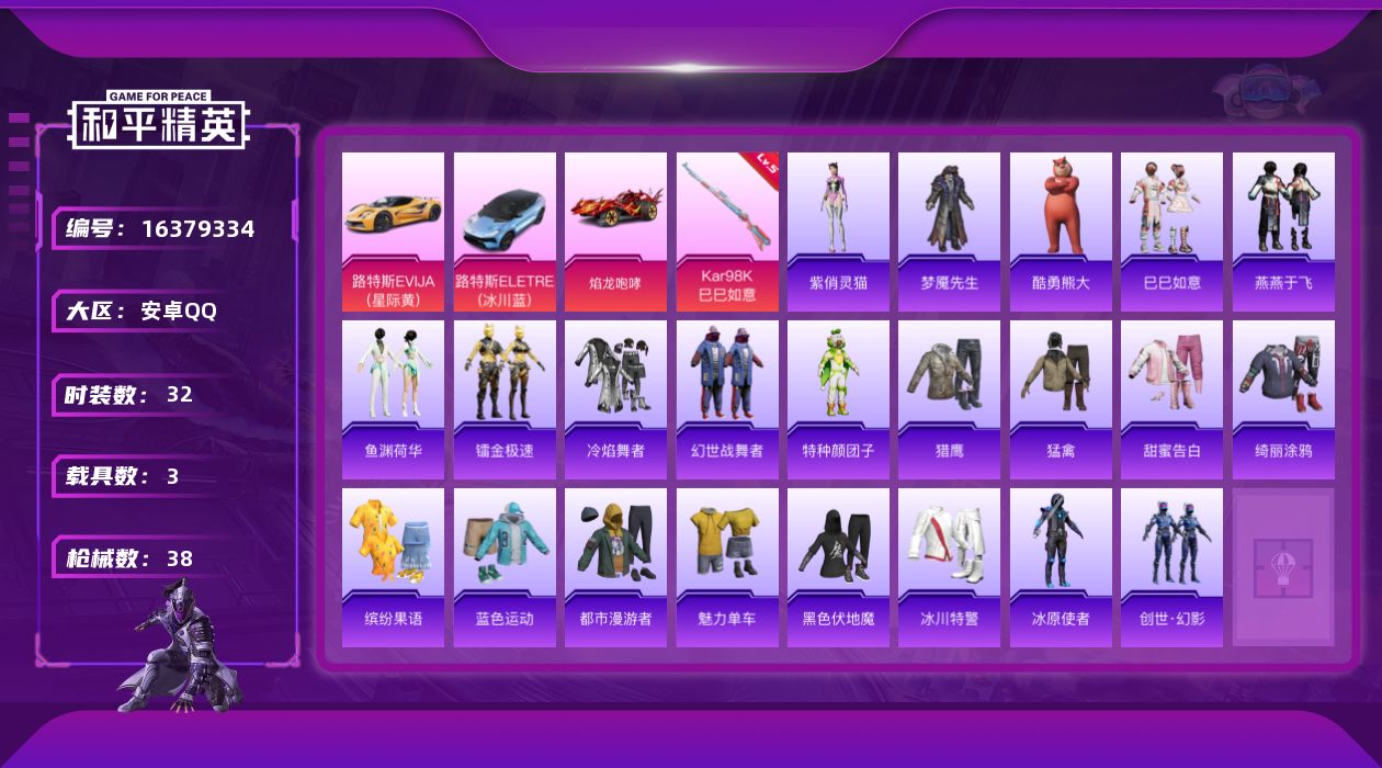 和平精英账号安卓QQ[16379334]【店主推荐捡漏号！可直接换绑】安卓 手Q-0粉装-1特效枪-3载具-1粉色飞行器-14472热力值-1王牌印记-32套装-38枪皮【粉色枪皮等级】：Kar98K-巳巳如意(五级)【