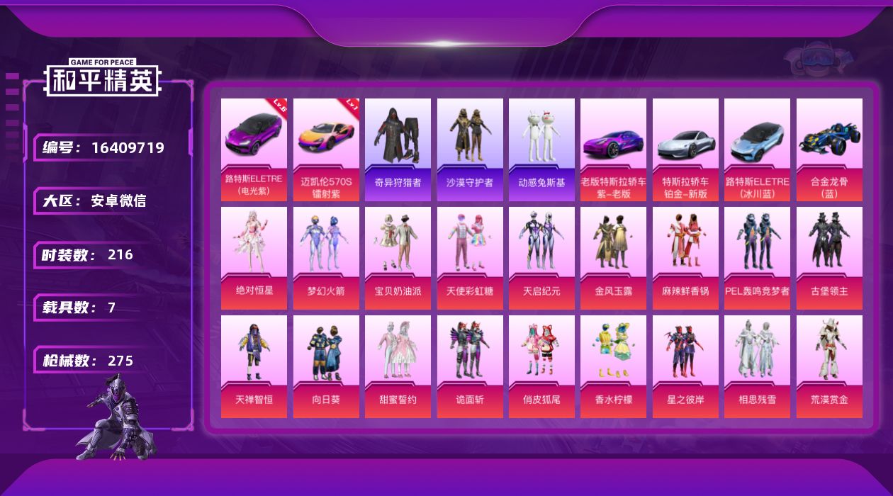 和平精英账号安卓微信[16409719]【店主推荐捡漏号！可直接换绑】安卓 微信-1神装-23粉装-15特效枪-7载具-11粉色飞行器-131437热力值-6王牌印记-216套装-275枪皮【红色载具】：路特斯ELETR