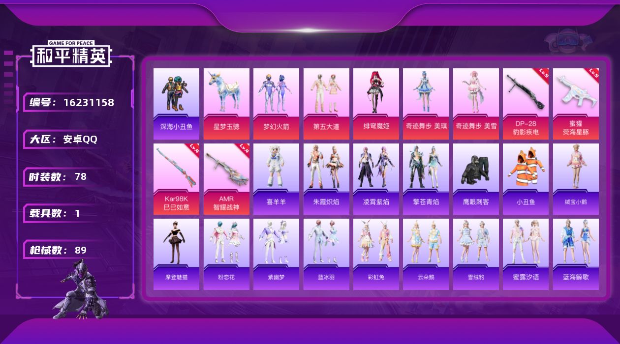和平精英账号安卓QQ[16231158]极品女神号-可二次-【梦幻火箭、第五大道、绯宆魔姬、美琪、美雪、深海小丑鱼、小丑鱼】和平0违规-安卓手Q-5粉装-5特效枪-1载具-2粉色飞行器-29687热力值-5王牌印记-78