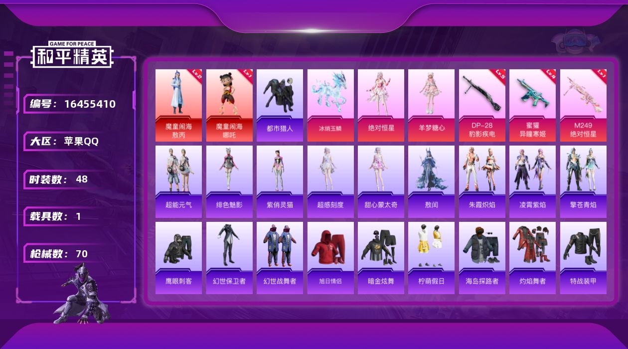 和平精英账号苹果QQ[16455410]【特价出售/店主推荐】苹果 手Q-2神装-2粉装-3特效枪-1载具-4粉色飞行器-22779热力值-3王牌印记-48套装-70枪皮【红色神装等级】：魔童闹海-敖丙(二级)，魔童闹海