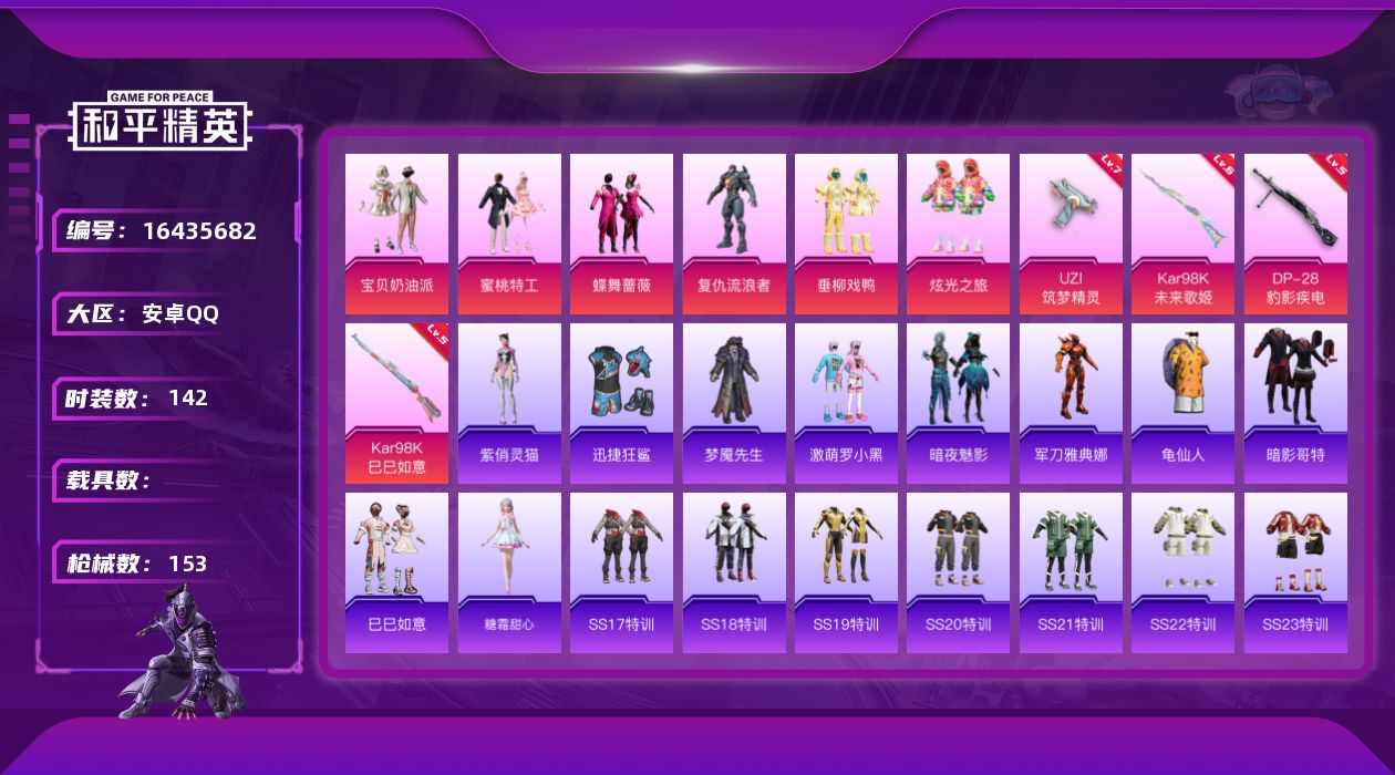 和平精英账号安卓QQ[16435682]可二次【特价出售/店主推荐】安卓 手Q-6粉装-4特效枪-0载具-2粉色飞行器-49522热力值-5王牌印记-142套装-153枪皮
【热门品类】：角色-军刀雅典娜，套装-龟仙人，