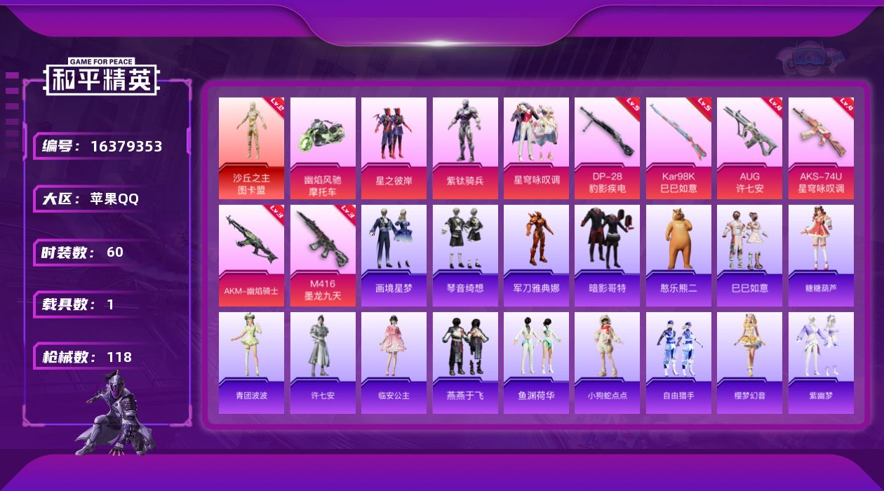和平精英账号苹果QQ[16379353]【店主推荐捡漏号！可直接换绑】苹果 手Q-1神装-3粉装-7特效枪-1载具-7粉色飞行器-34519热力值-4王牌印记-60套装-118枪皮【红色神装等级】：沙丘之主-图卡盟(二级