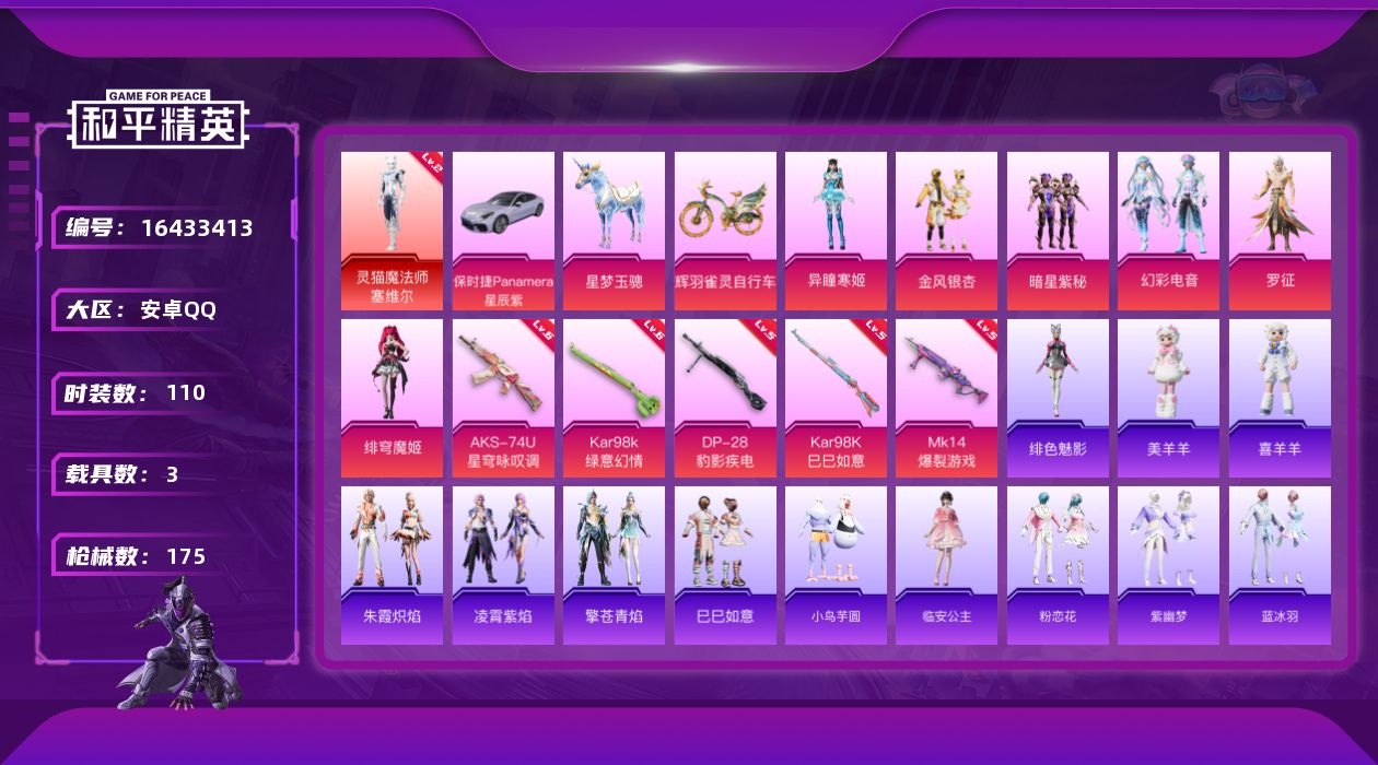 和平精英账号安卓QQ[16433413]安卓 手Q-1神装-6粉装-5特效枪-3载具-4粉色飞行器-58346热力值-6王牌印记-110套装-175枪皮
【红色神装等级】：灵猫魔法师-塞维尔(二级)
【红色角色神装】：灵