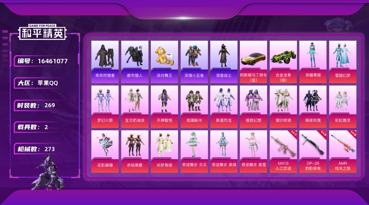 和平精英账号苹果QQ[16461077]苹果 手Q-17粉装-7特效枪-2载具-6粉色飞行器-99672热力值-14王牌印记-269套装-273枪皮
【热门品类】：粉装-雪国幻梦，粉装-梦幻火箭，套装-浪漫天命，套装-都