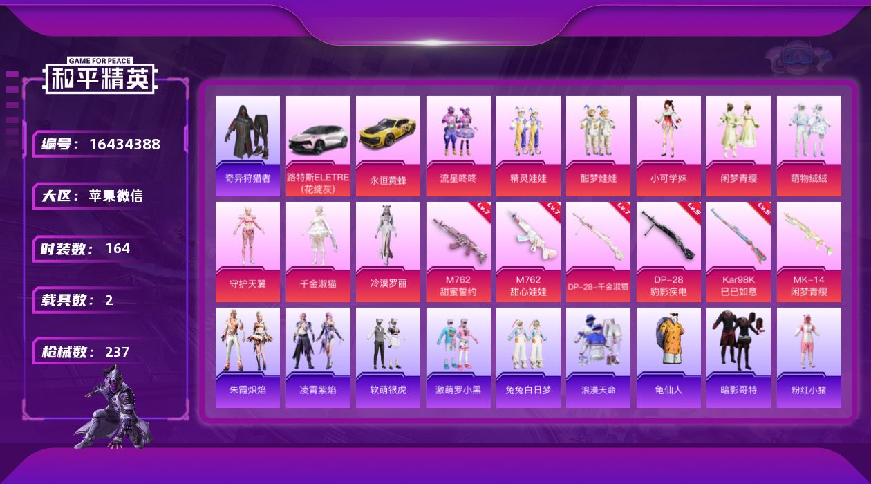 和平精英账号苹果微信[16434388]苹果 微信-9粉装-6特效枪-2载具-4粉色飞行器-78578热力值-11王牌印记-164套装-237枪皮
【热门品类】：套装-浪漫天命，套装-奇异狩猎者，套装-龟仙人，套装-暗影