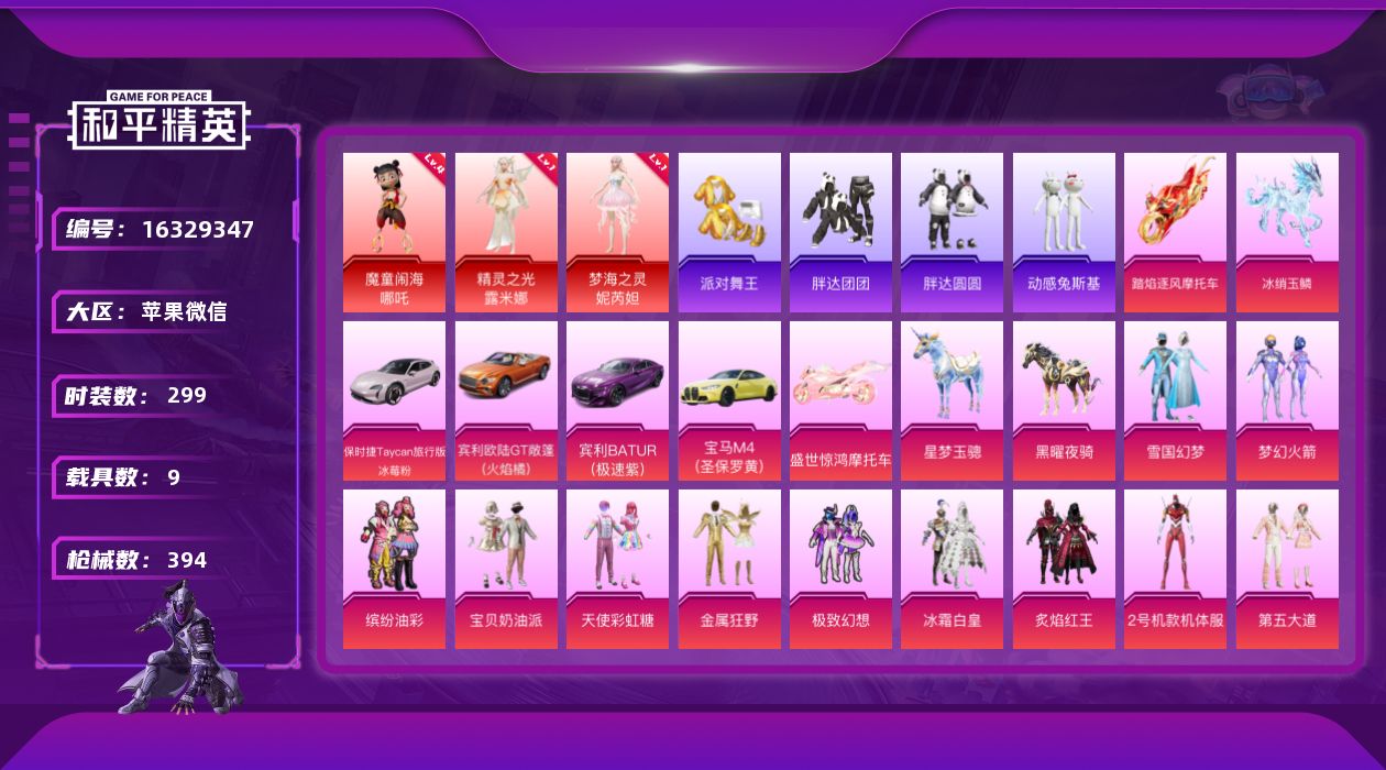 和平精英账号苹果微信[16329347]9级m4女娲 苹果 微信-3神装-23粉装-26特效枪-9载具-13粉色飞行器-156047热力值-26王牌印记-299套装-394枪皮【红色神装等级】：魔童闹海-哪吒(四级)，精