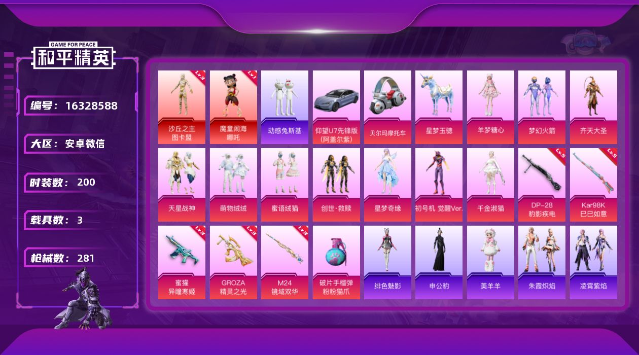 和平精英账号安卓微信[16328588]【特价出售/店主推荐】安卓 微信-2神装-10粉装-6特效枪-3载具-13粉色飞行器-90965热力值-15王牌印记-200套装-281枪皮【红色神装等级】：魔童闹海-哪吒(一级)