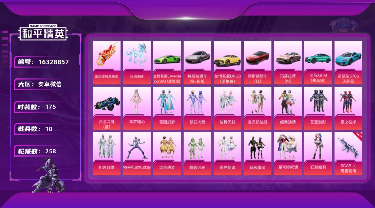 和平精英账号安卓微信[16328857]【特价出售/店主推荐】安卓 微信-16粉装-13特效枪-10载具-11粉色飞行器-107717热力值-13王牌印记-175套装-258枪皮【热门品类】：粉装-雪国幻梦，粉装-梦幻火