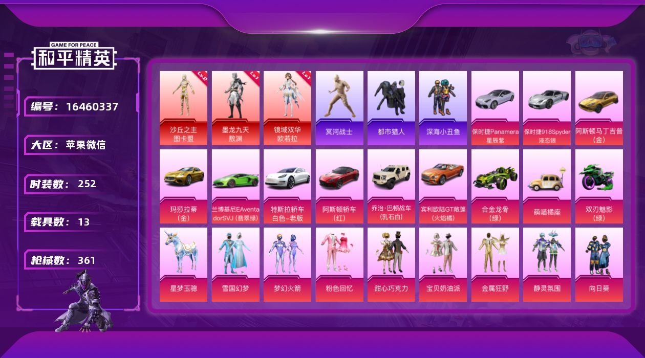 和平精英账号苹果微信[16460337]【特价出售/店主推荐】
苹果 微信-无敌战神框-3神装-32粉装-30特效枪-14载具-13粉色飞行器-168128热力值-22王牌印记-252套装-361枪皮
【红色神装等级】：