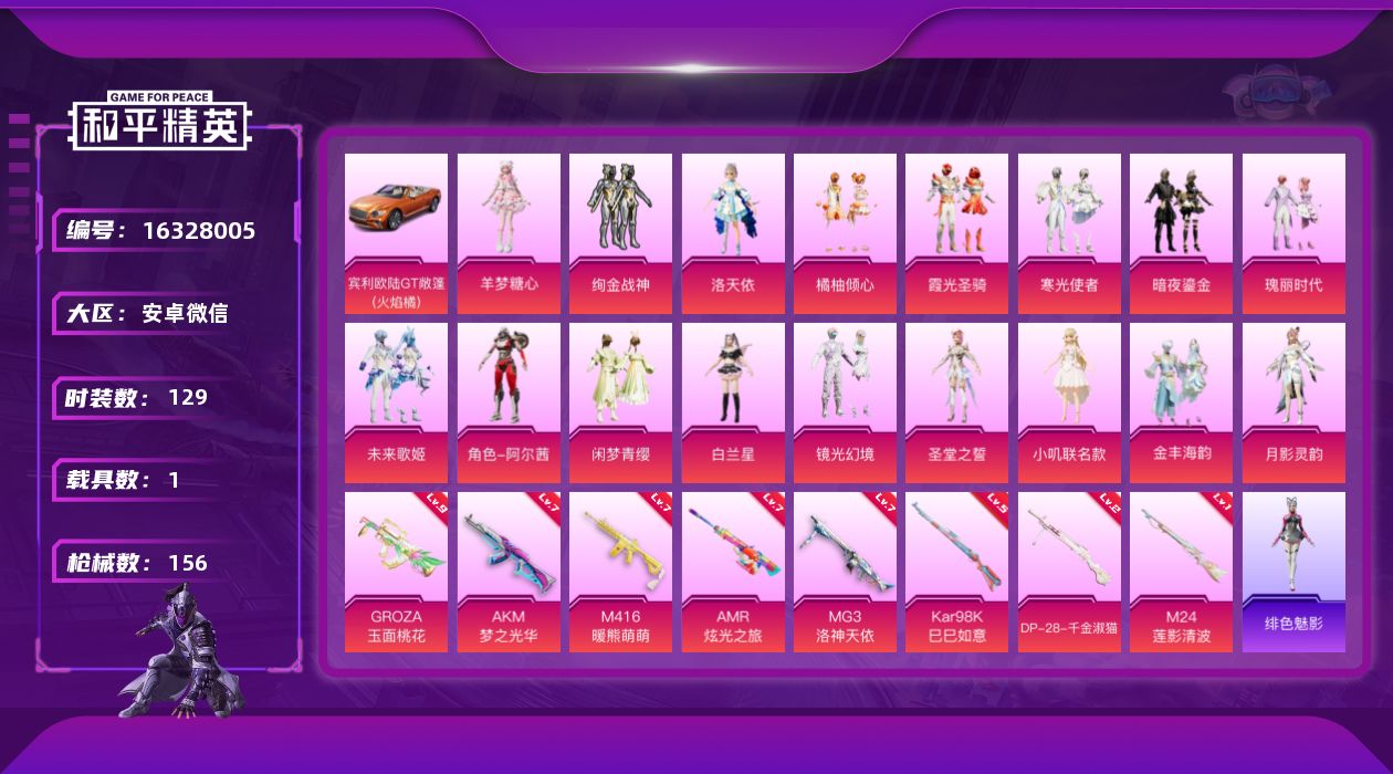 和平精英账号安卓微信[16328005]【店主推荐捡漏号！可直接换绑】安卓 微信-18粉装-8特效枪-1载具-5粉色飞行器-65316热力值-10王牌印记-129套装-156枪皮【热门品类】：套装-龟仙人【粉色套装】：粉