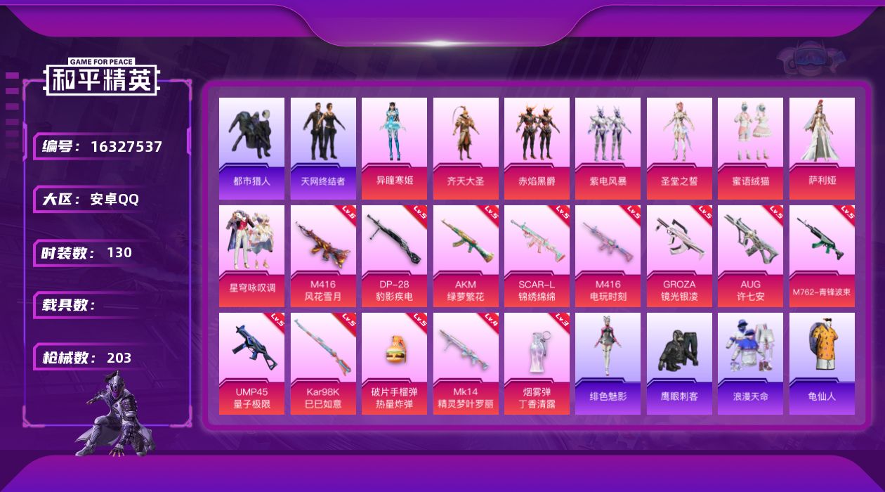 和平精英账号安卓QQ[16327537]连体王者V9 327皮肤【特价出售/店主推荐】安卓 手Q-8粉装-13特效枪-0载具-4粉色飞行器-64317热力值-12王牌印记-130套装-203枪皮【热门品类】：套装-浪漫天