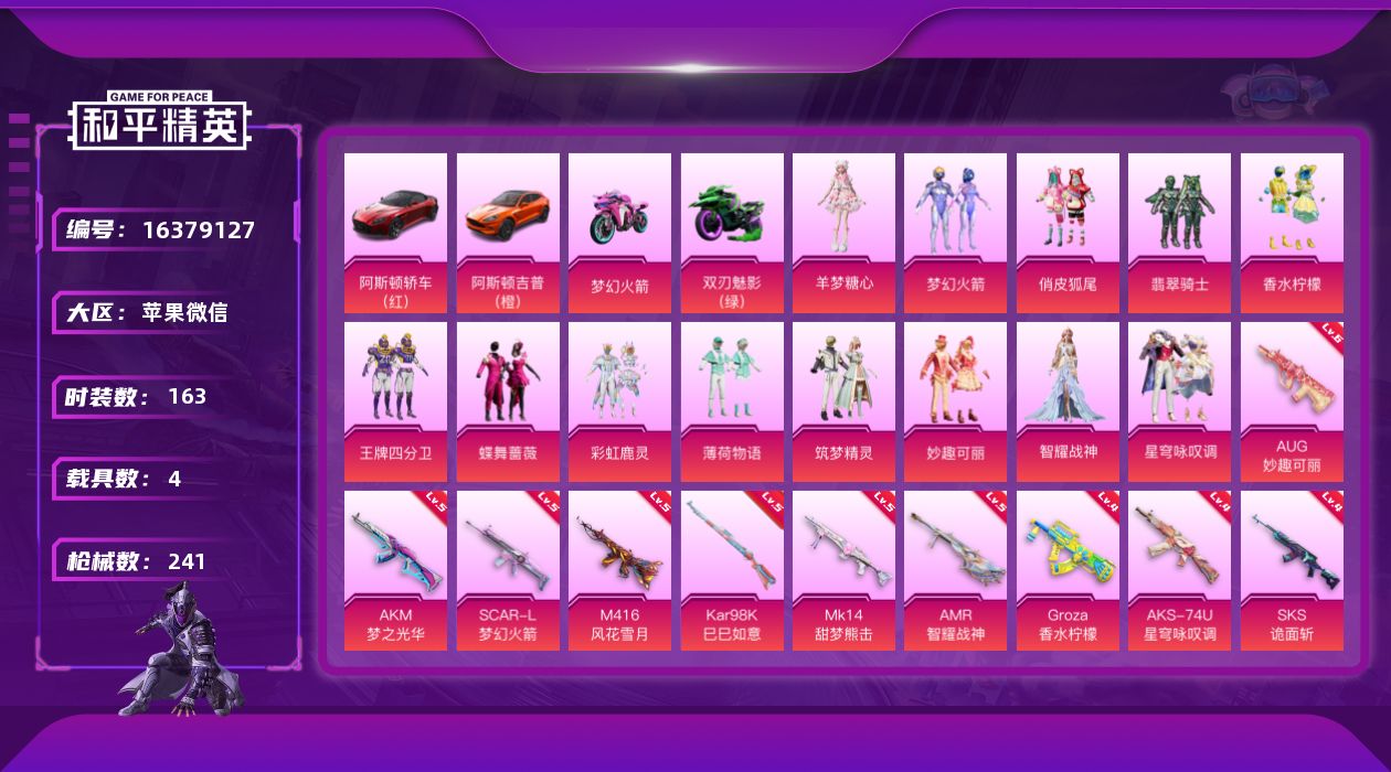 和平精英账号苹果微信[16379127]【特价出售/店主推荐】苹果 微信-13粉装-13特效枪-4载具-3粉色飞行器-94456热力值-3王牌印记-163套装-241枪皮【热门品类】：粉装-梦幻火箭，角色-六号稻草人【粉