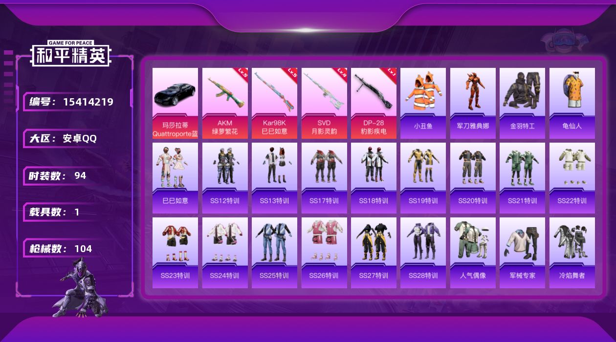 和平精英账号安卓QQ[15414219]安卓 手Q-0粉装-4特效枪-1载具-32030热力值-10王牌印记-94套装-104枪皮 满天赋
【热门品类】：套装-小丑鱼，角色-军刀雅典娜，套装-金羽特工，套装-龟仙人
【粉