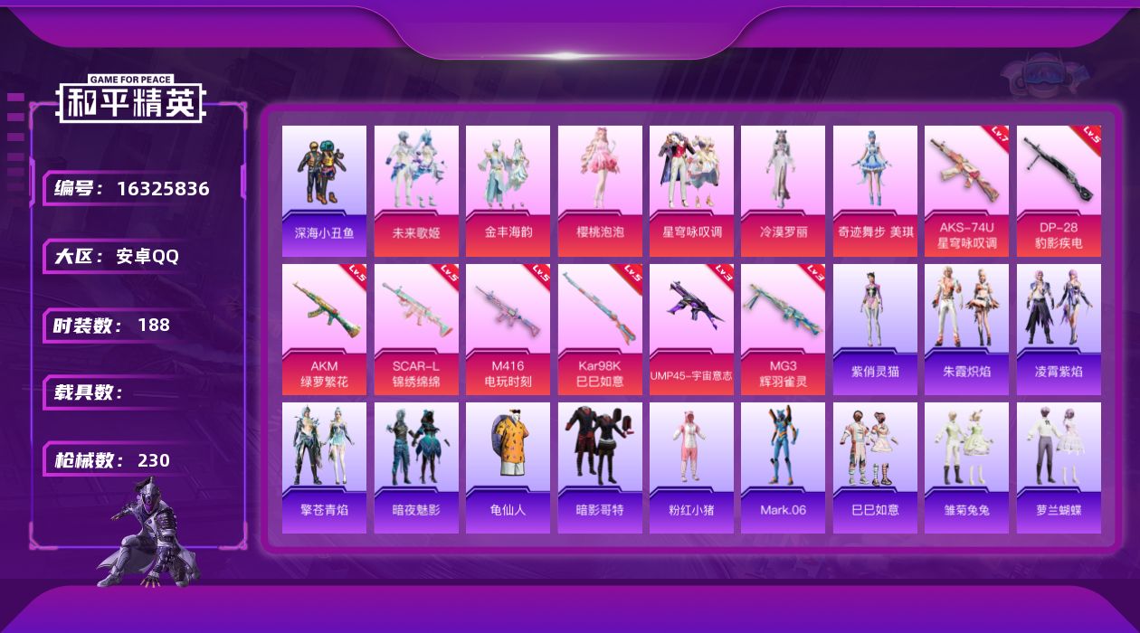 和平精英账号安卓QQ[16325836]【特价出售/店主推荐】安卓 手Q-6粉装-8特效枪-0载具-3粉色飞行器-74589热力值-16王牌印记-188套装-230枪皮【热门品类】：套装-深海小丑鱼，套装-龟仙人，套装-