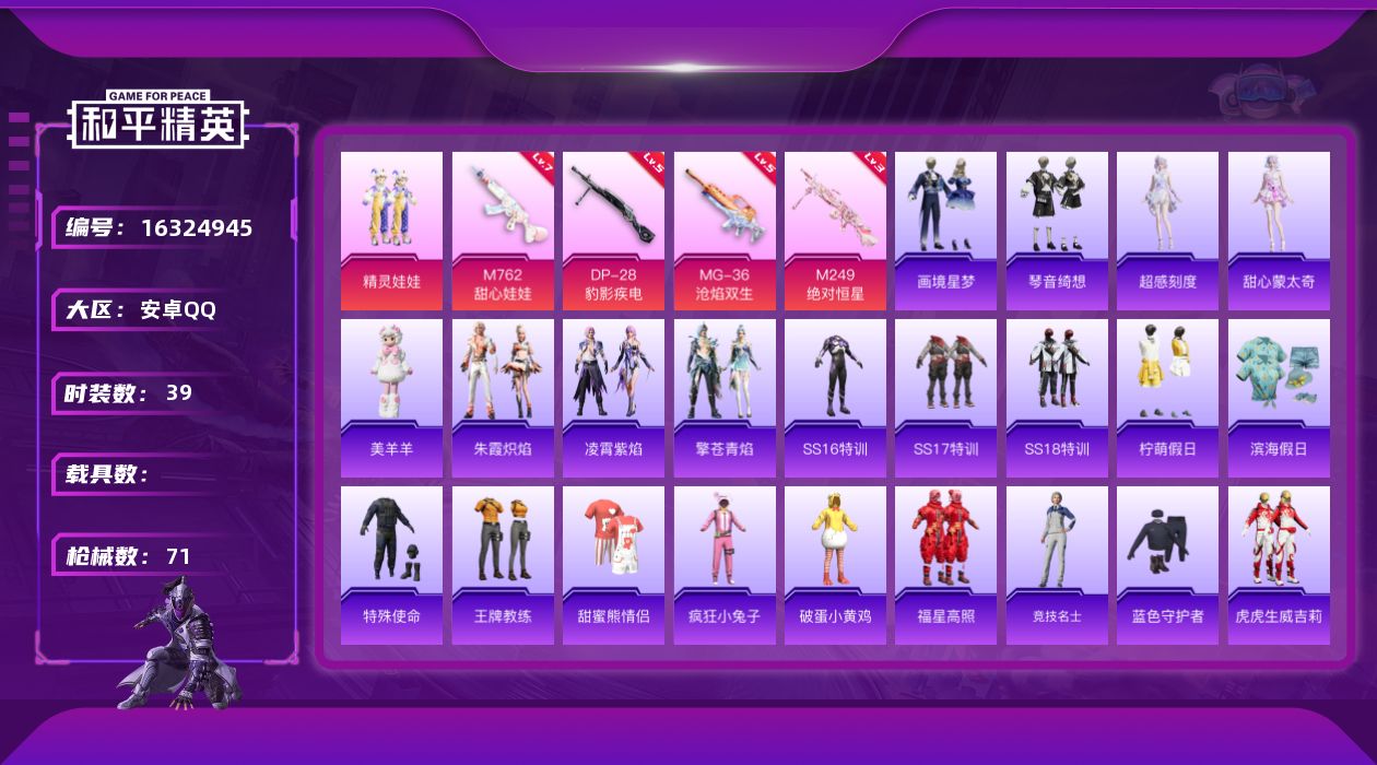 和平精英账号安卓QQ[16324945]安卓 手Q-1粉装-4特效枪-0载具-1粉色飞行器-19993热力值-5王牌印记-39套装-71枪皮【粉色套装】：粉装-精灵娃娃【粉色枪皮等级】：M762-甜心娃娃(七级)，M24
