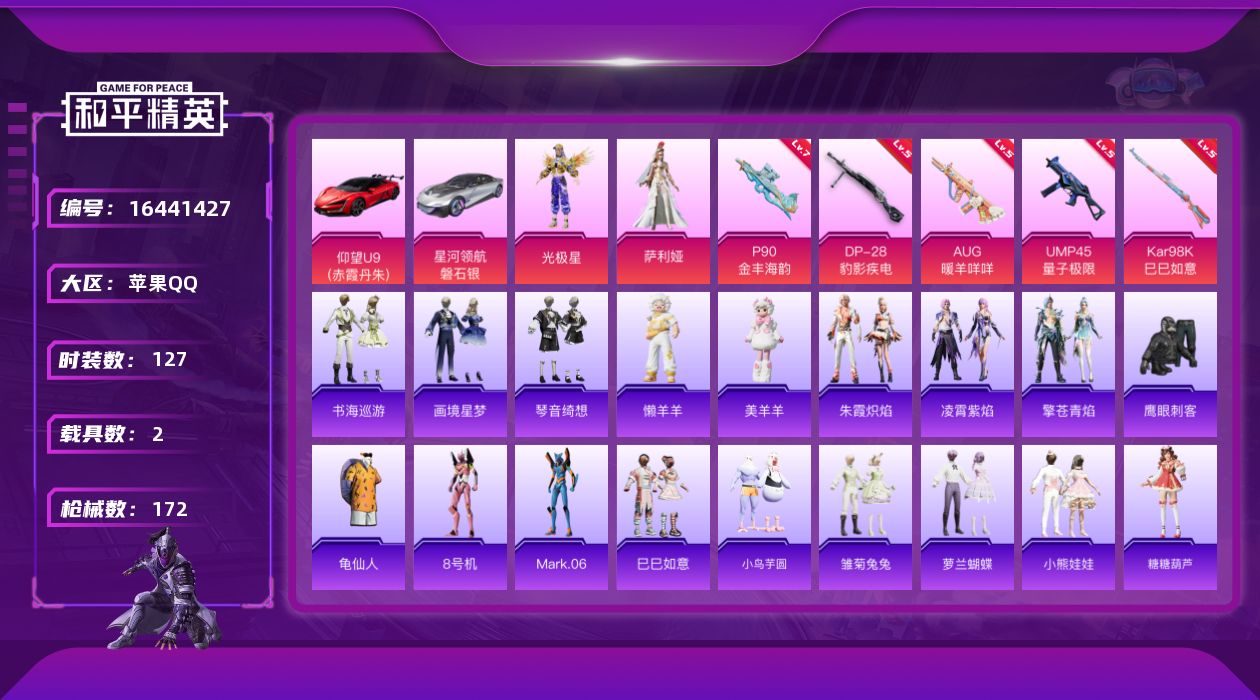 和平精英账号苹果QQ[16441427]【特价出售/店主推荐】苹果 手Q-2粉装-5特效枪-2载具-1粉色飞行器-50864热力值-6王牌印记-127套装-172枪皮
【热门品类】：套装-龟仙人，角色-8号机，角色-Ma