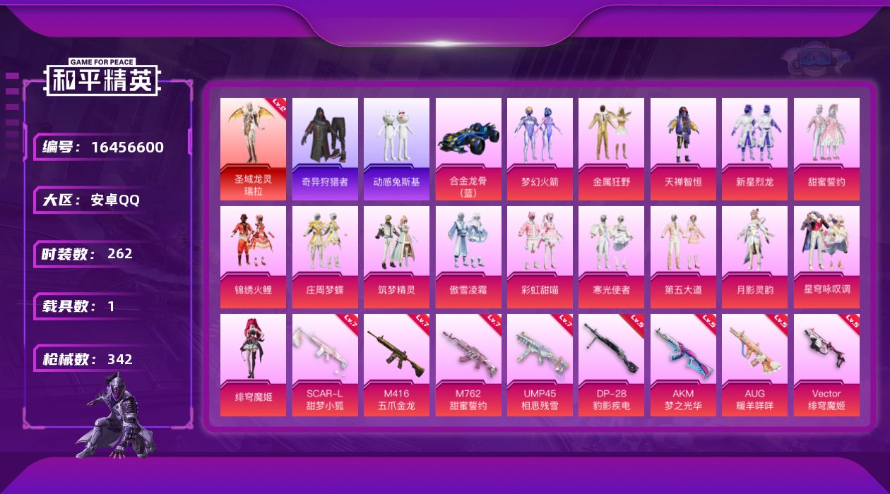 和平精英账号安卓QQ[16456600]【特价出售/店主推荐】安卓 手Q-无敌战神框-1神装-15粉装-15特效枪-1载具-7粉色飞行器-11·9w热力值-32王牌印记-262套装-342枪皮
【红色神装等级】：圣域龙灵