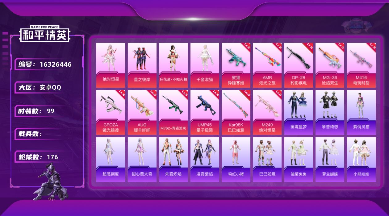 和平精英账号安卓QQ[16326446]【特价出售/店主推荐】安卓 手Q-4粉装-11特效枪-0载具-1粉色飞行器-51421热力值-7王牌印记-99套装-176枪皮【热门品类】：套装-粉红小猪【粉色套装】：角色-绝对恒