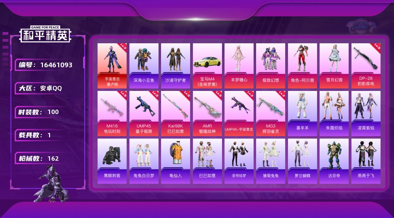 和平精英账号安卓QQ[16461093]安卓 手Q-1神装-4粉装-7特效枪-1载具-4粉色飞行器-47779热力值-10王牌印记-100套装-162枪皮
【红色神装等级】：宇宙意志-塞卢姆(三级)
【红色角色神装】：宇