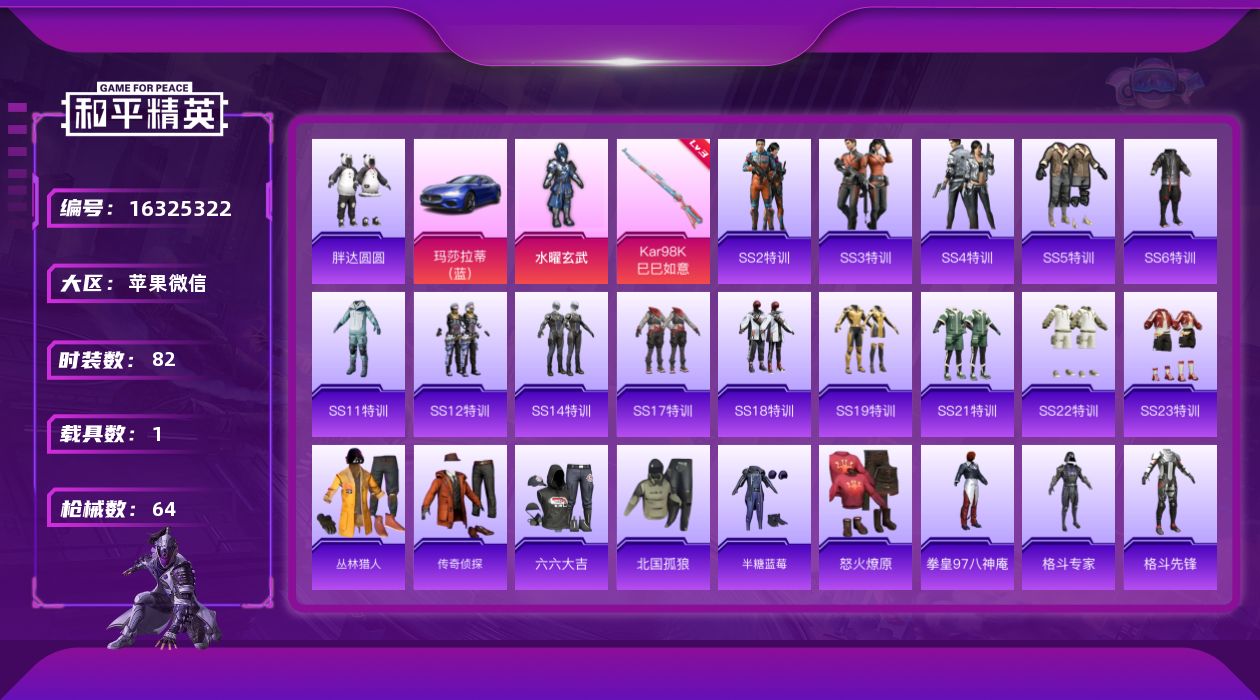 和平精英账号苹果微信[16325322]【特价出售/店主推荐】苹果 微信-1粉装-1特效枪-1载具-0粉色飞行器-21322热力值-1王牌印记-82套装-64枪皮【热门品类】：套装-胖达圆圆【粉色套装】：粉装-水曜玄武【