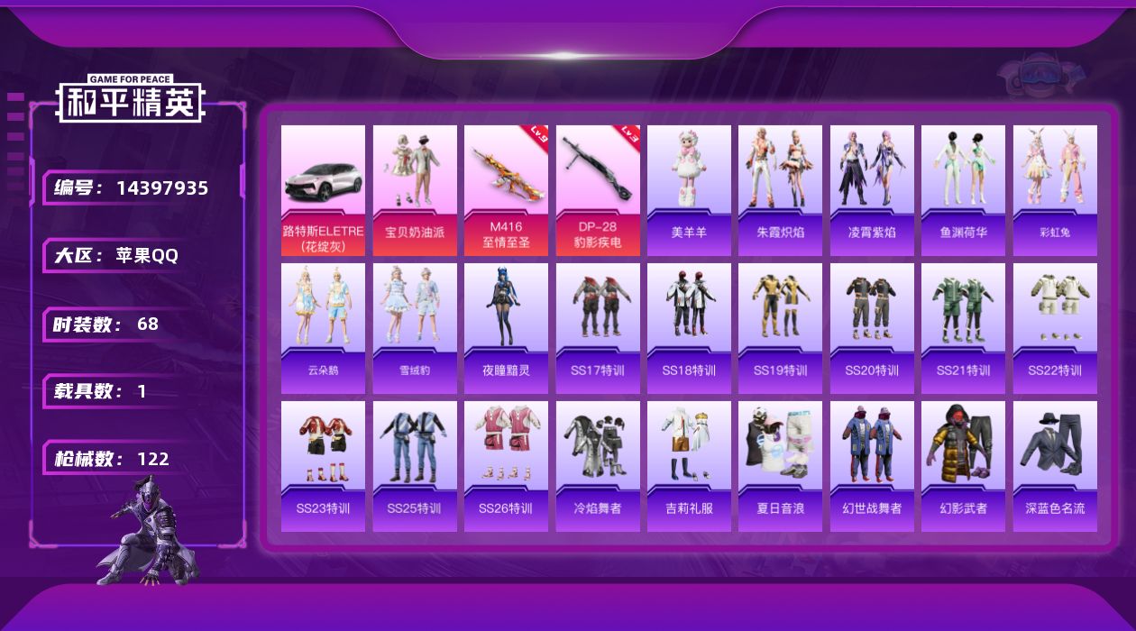和平精英账号苹果QQ" DF397苹果Q-1稀有1载具1粉装2特效枪1热门68套装122枪皮 33655热力值 14印记