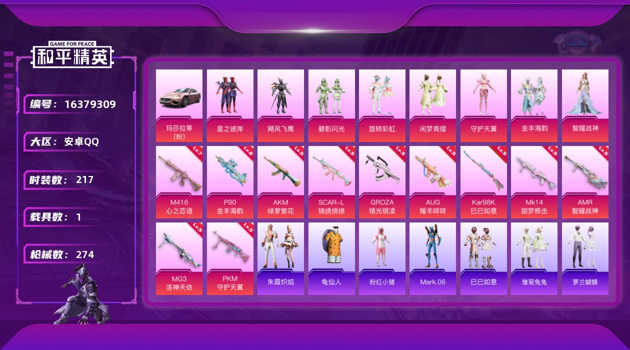 和平精英账号安卓QQ[16379309]安卓 手Q-8粉装-11特效枪-1载具-2粉色飞行器-91551热力值-16王牌印记-217套装-274枪皮【热门品类】：旭日初心兜帽大衣，套装-龟仙人，套装-粉红小猪，角色-Ma