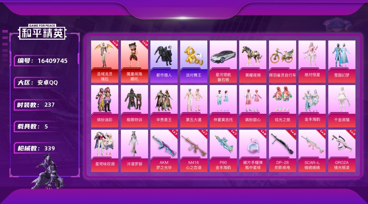 和平精英账号安卓QQ[16409745]【特价出售/店主推荐】安卓 手Q-2神装-13粉装-22特效枪-5载具-11粉色飞行器-124756热力值-15王牌印记-237套装-339枪皮【红色神装等级】：魔童闹海-哪吒(二