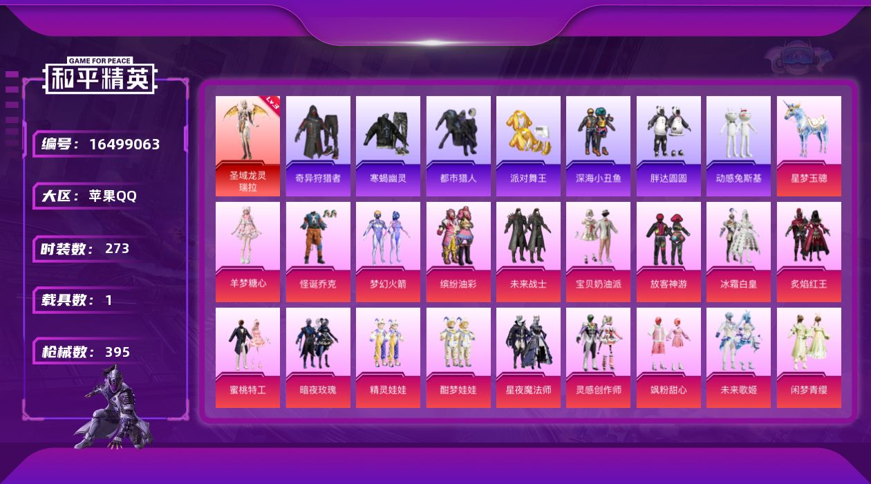 和平精英账号苹果QQ[16499063]苹果 手Q-1神装-23粉装-21特效枪-1载具-9粉色飞行器-134536热力值-18王牌印记-273套装-395枪皮
【红色神装等级】：圣域龙灵-瑞拉(三级)
【红色角色神装】