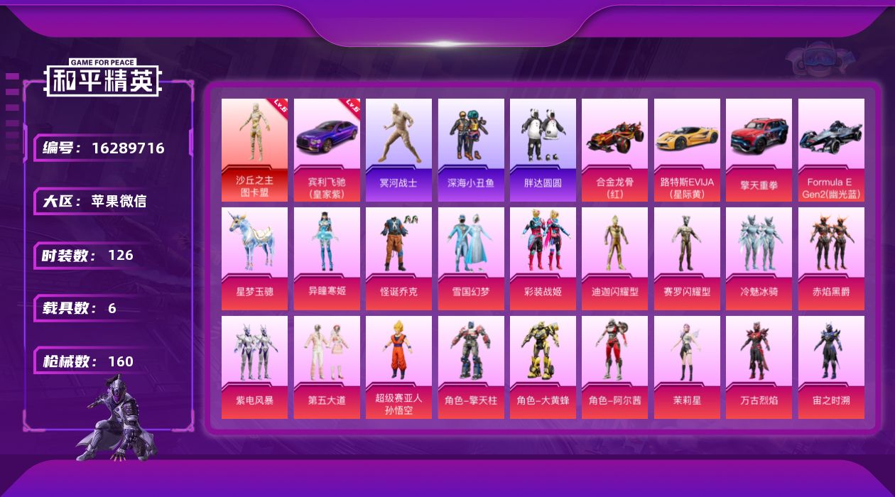 和平精英账号苹果微信[16289716]苹果 微信-无敌战神框-1神装-21粉装-11特效枪-6载具-5粉色飞行器-88121热力值-12王牌印记-126套装-160枪皮
【红色载具】：宾利飞驰（皇家紫）(六级)
【红色