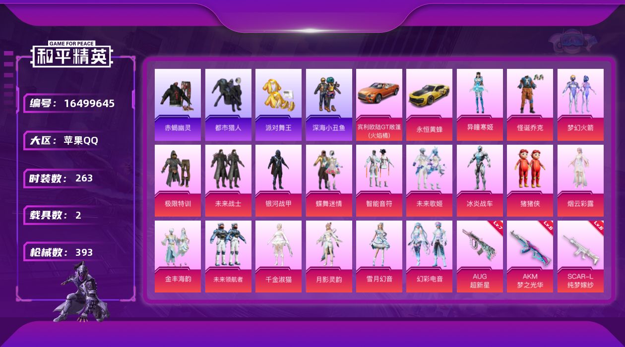 和平精英账号苹果QQ[16499645]苹果 手Q-18粉装-25特效枪-2载具-13粉色飞行器-130127热力值-13王牌印记-263套装-393枪皮
【热门品类】：粉装-怪诞乔克，粉装-梦幻火箭，套装-浪漫天命，套