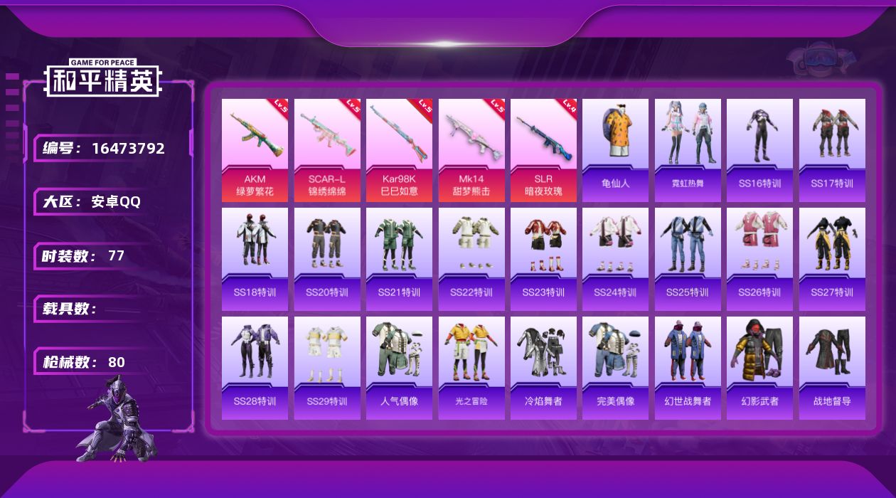 和平精英账号安卓QQ[16473792]安卓 手Q-0粉装-5特效枪-0载具-0粉色飞行器-24273热力值-11王牌印记-77套装-80枪皮
【热门品类】：套装-龟仙人
【粉色枪皮等级】：AKM-绿萝繁花(五级)，SC