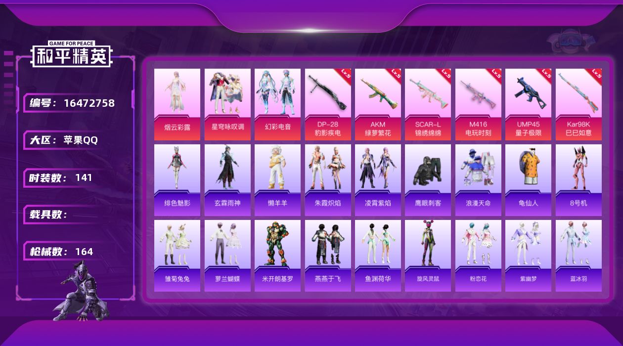 和平精英账号苹果QQ[16472758]苹果 手Q-4粉装-6特效枪-0载具-1粉色飞行器-48234热力值-5王牌印记-141套装-164枪皮
【热门品类】：套装-浪漫天命，套装-龟仙人，角色-8号机
【粉色套装】：角