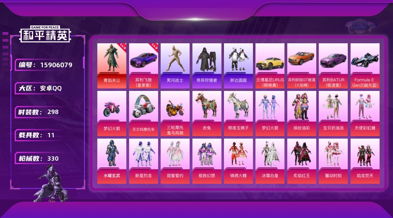 和平精英账号安卓QQ[15906079]-可二次-手游穿越和平连体0违规-双字ID-木乃伊-安卓 手Q-1神装-46粉装-10特效枪-11载具-13粉色飞行器-146844热力值-11王牌印记-298套装-330枪皮
【