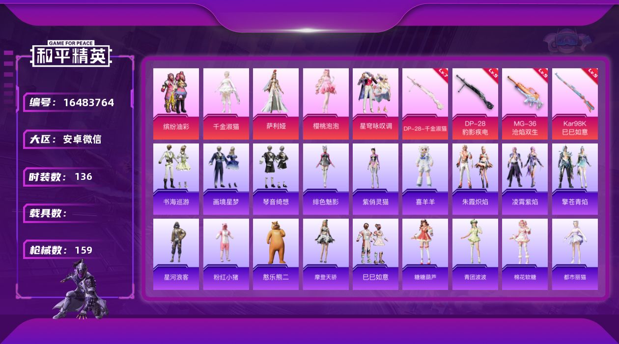 和平精英账号安卓微信[16483764]安卓 微信-5粉装-4特效枪-0载具-7粉色飞行器-50963热力值-9王牌印记-136套装-159枪皮
【热门品类】：粉装-缤纷油彩，套装-星河浪客，套装-粉红小猪
【粉色套装】