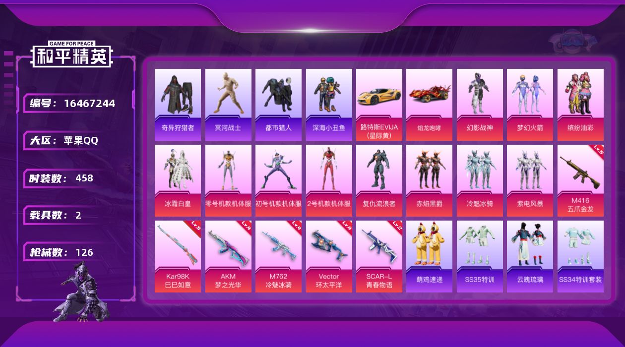 和平精英账号苹果QQ[16467244]11粉装 6特效枪 2载具 8印记 可二次 可修改实名 
【热门装扮】零号机款机
