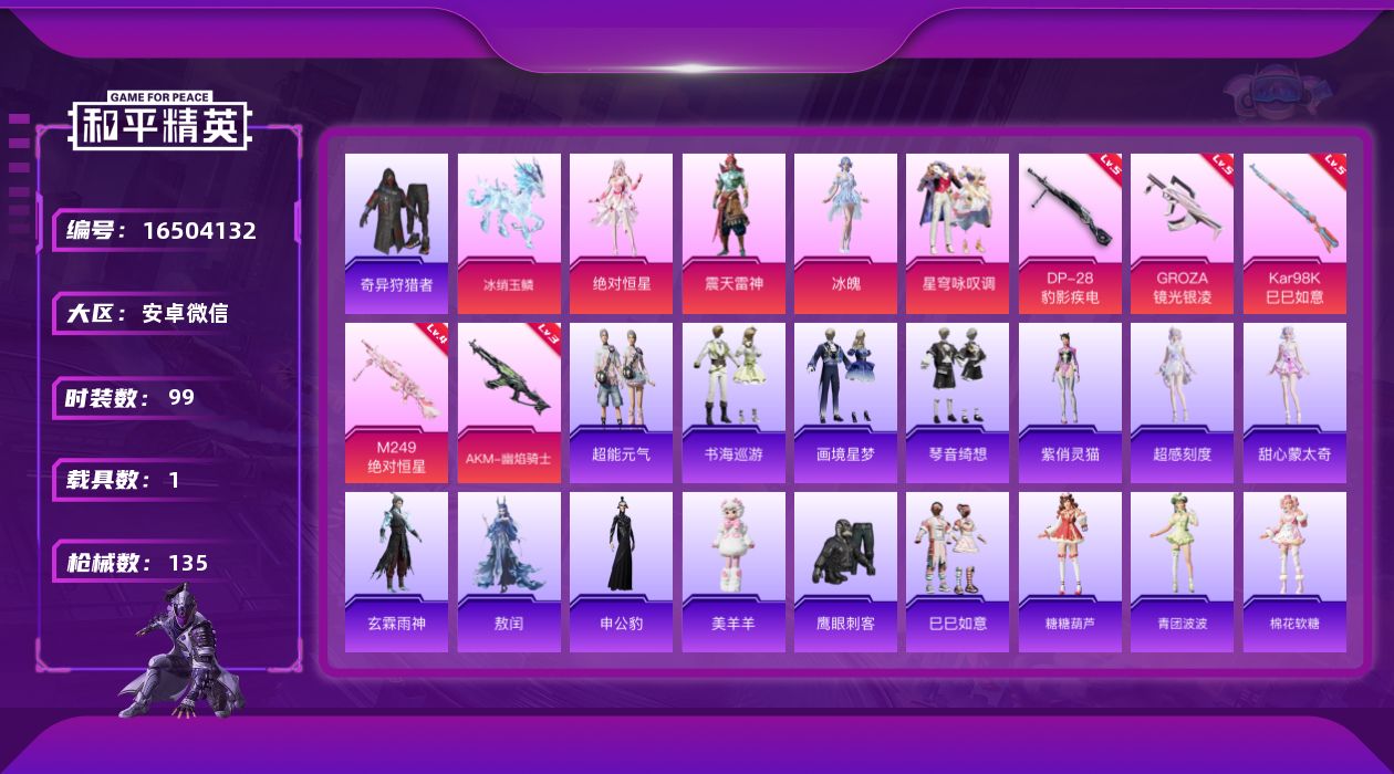 和平精英账号安卓微信[16504132]女神号-可二次-地铁满天赋-【罪夜之冕、冰魄、星穹咏叹调、绝对恒星、震天雷神、奇异狩猎者】-冰绡玉鳞-安卓微信-6粉装-5特效枪-1载具-9粉色飞行器-40580热力值-4王牌印记